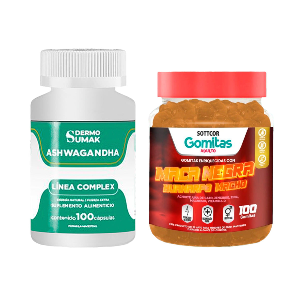 Ashwagandha Complex 100 Cap Dermo Sumak + Gomitas Maca Negra