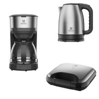 Combo: Cafetera Eléctrica Electrolux Inoxidable 30 Tazas ECM20 + Hervidor Eléctrico 1,8L EEK10 + Sandwichera Inox ESG20