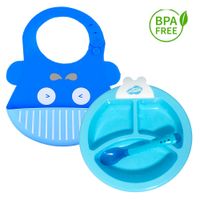 Pack Babero Ballena y Set Plato Termico Celeste para bebe