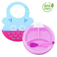 Pack Babero Buho y Set Plato Termico Fucsia para bebe