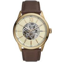 Reloj Fossil Flynn BQ2382 Automático Para Hombre Acero Inoxidable Dorado Correa De Cuero Marrón