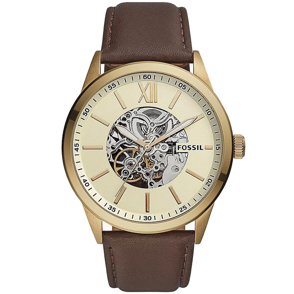 Reloj Fossil Flynn BQ2382 Automático Para Hombre Acero Inoxidable Dorado Correa De Cuero Marrón