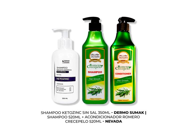 SHAMPOO KETOZINC 350ML + SHAMPOO ROMERO 520ML + ACONDICIONADOR 500ML