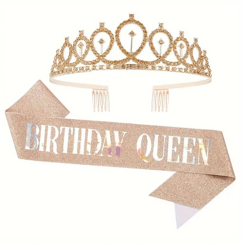 Set tiara y banda cumpleaños escarchada Birthday Queen oro rosa