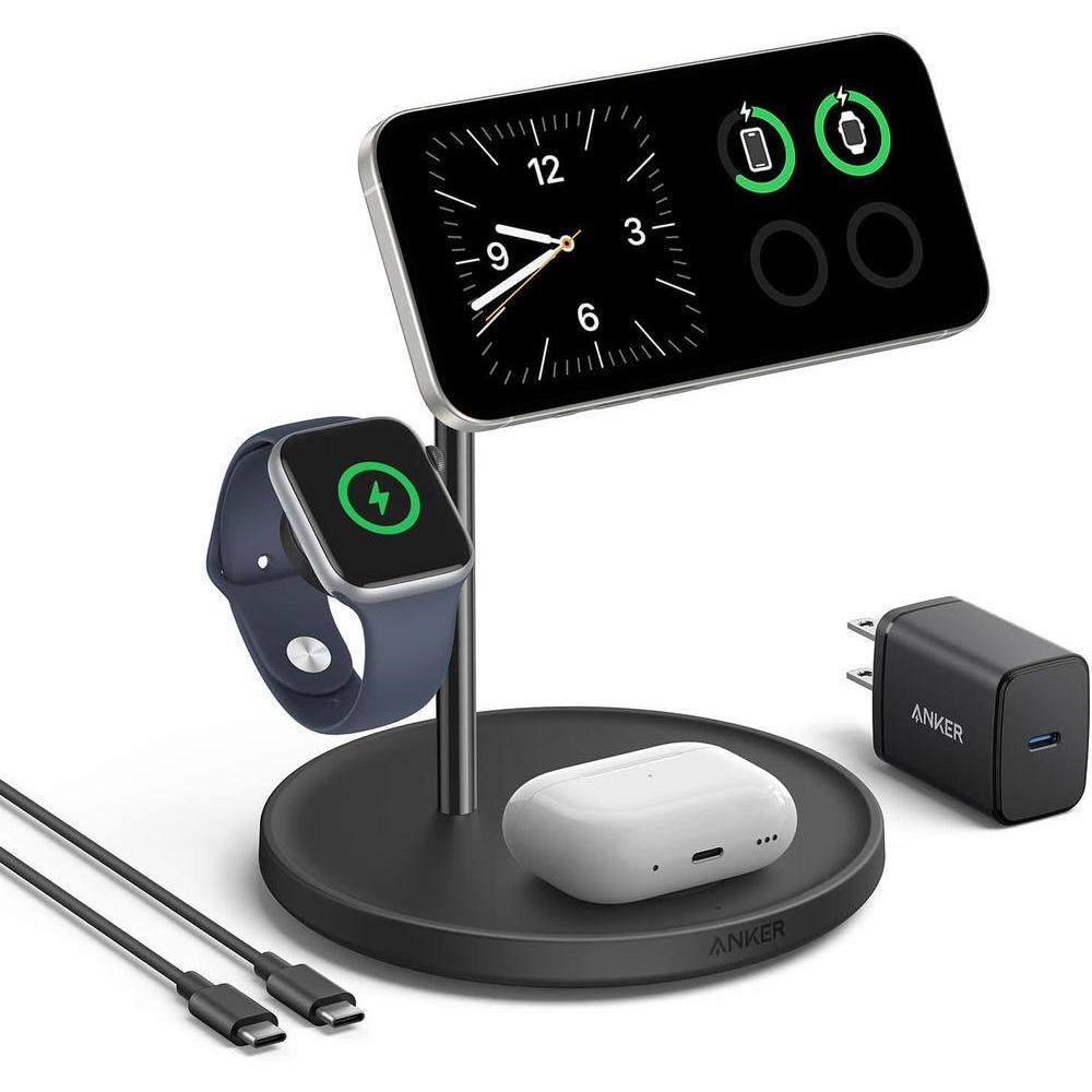 Anker MagGo Estaciv=n de Carga Inalv°mbrica 3 en 1 Compatible con MagSafe para iPhone, Apple Watch y
