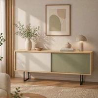 Aparador Aura TU MESITA en Rovere,Blanco y Agave con Patas Metálicas Canto Grueso