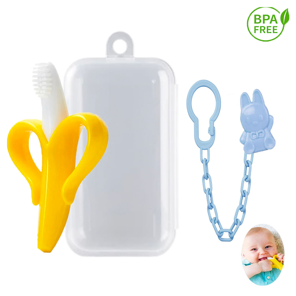 Mordedor Banana Amarillo Con Cadena Baby Froggie Conejo Azul Para Bebe