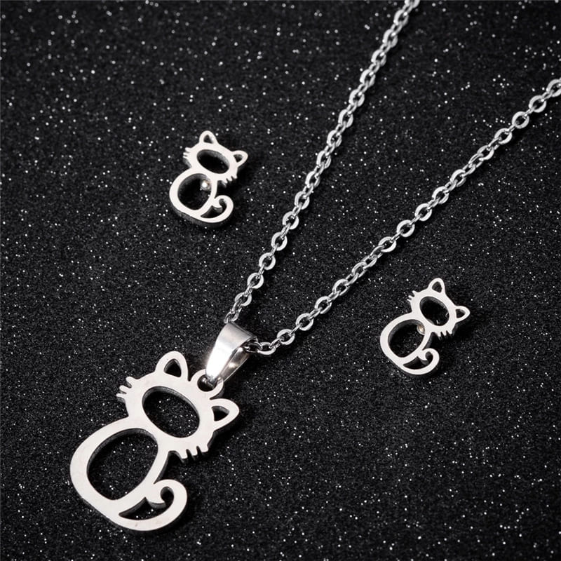 Set collar y aretes gato plateado