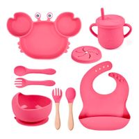 Set plato cangrejo babero cubiertos y vaso rosa para bebe