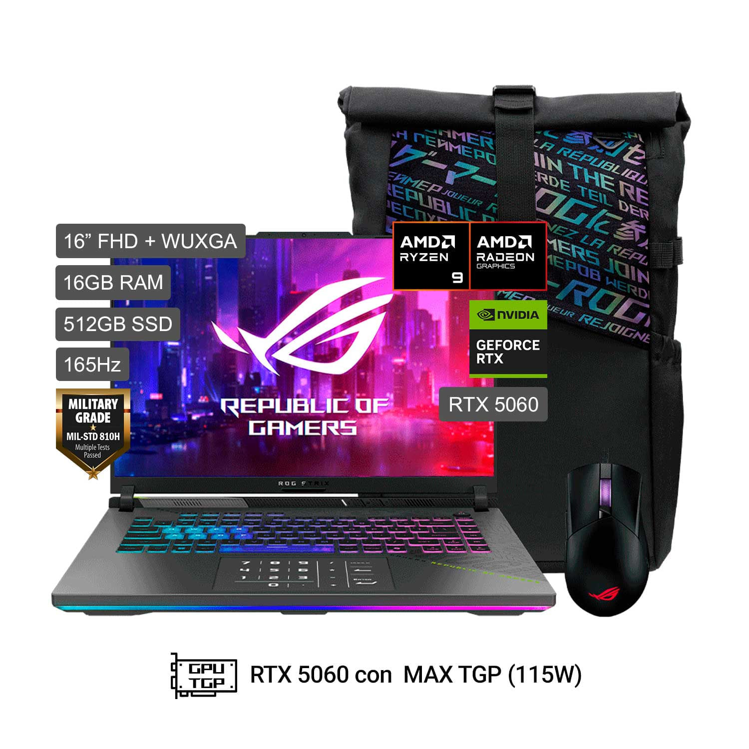 Laptop Gamer ROG Strix G16 AMD R9-8940HX 16GB 512GB RTX5060 8GB Mochila Mouse G614PM-RV221W