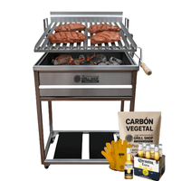 Parrilla a carbón de Acero Inox regulable + Guantes + carbón + cerveza
