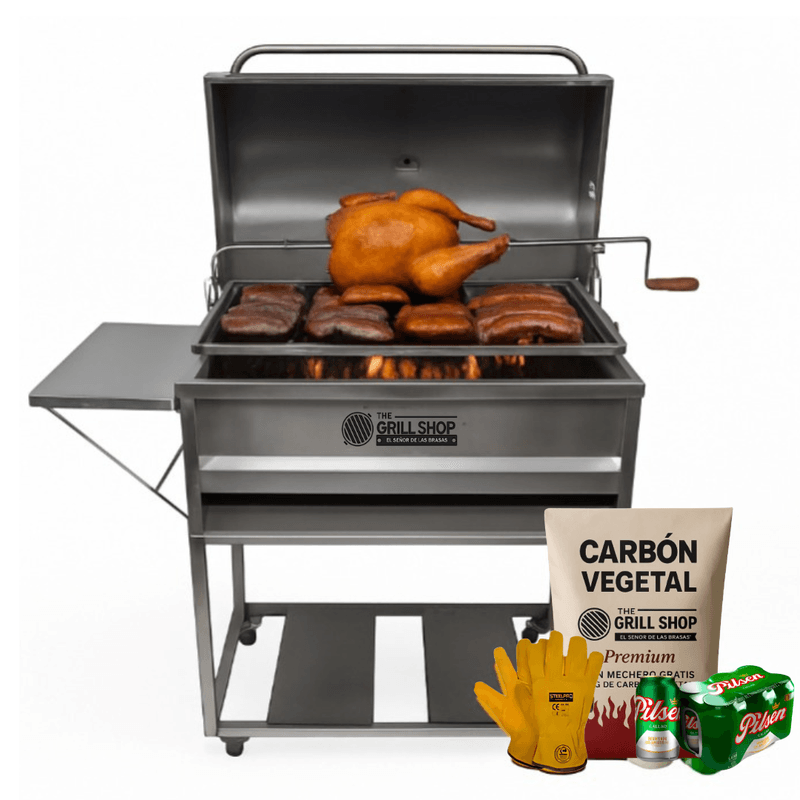 Parrilla Grande Con Tapa de Acero Inoxidable+carbón+cerveza+guantes
