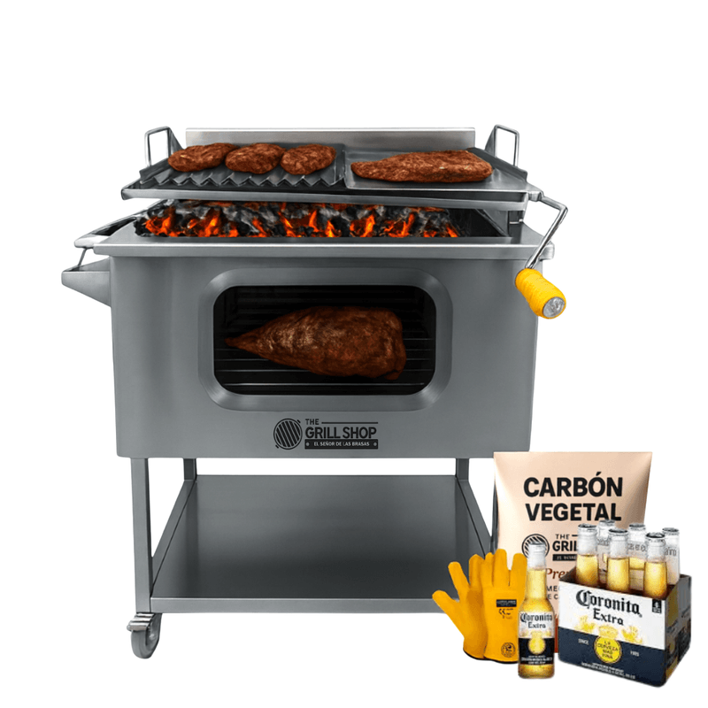 Caja China con Visor y Parrilla Elevadiza Inox Guantes Carbón Cerveza