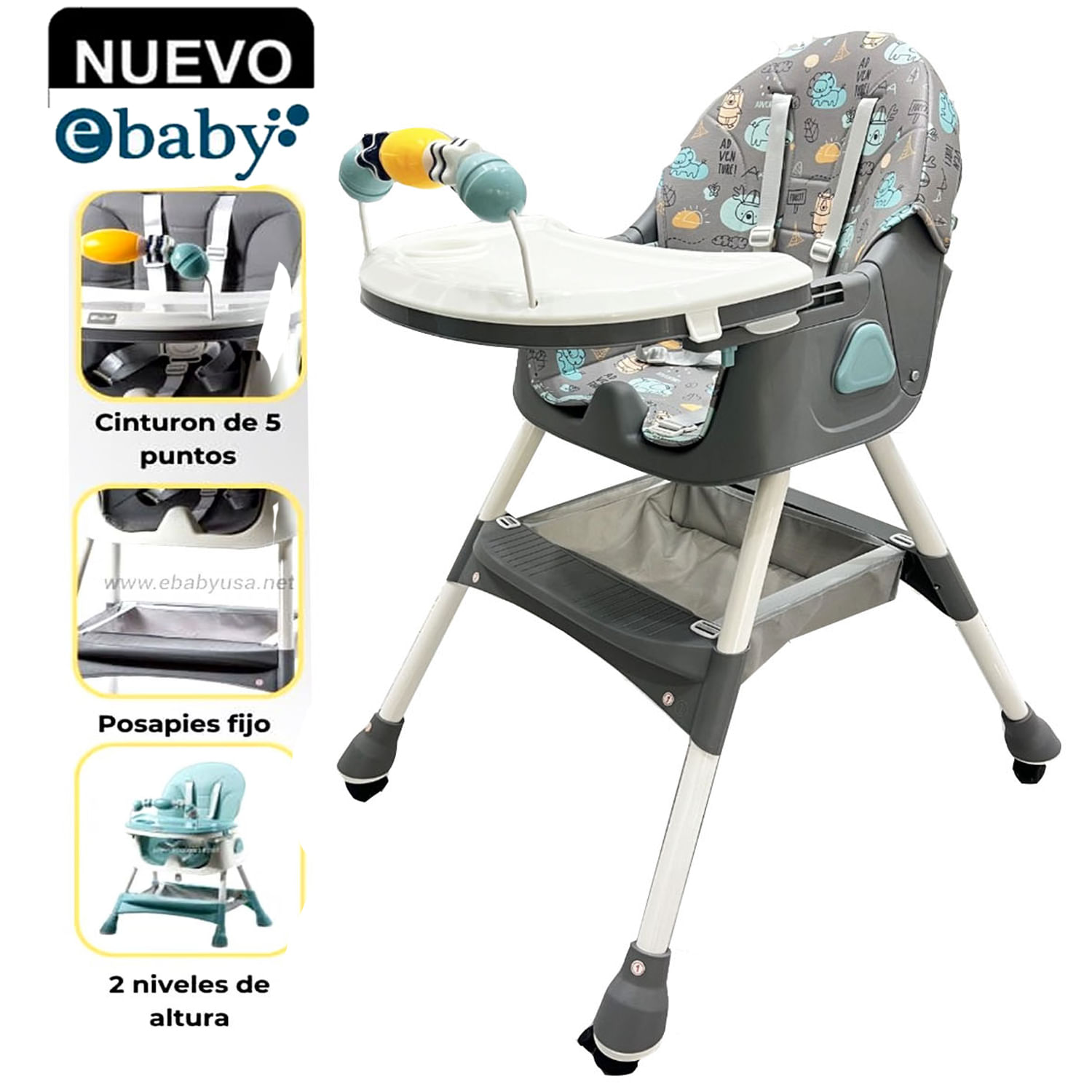 Silla de Comer Plegable Con Ruedas Doble bandeja LULU Gris