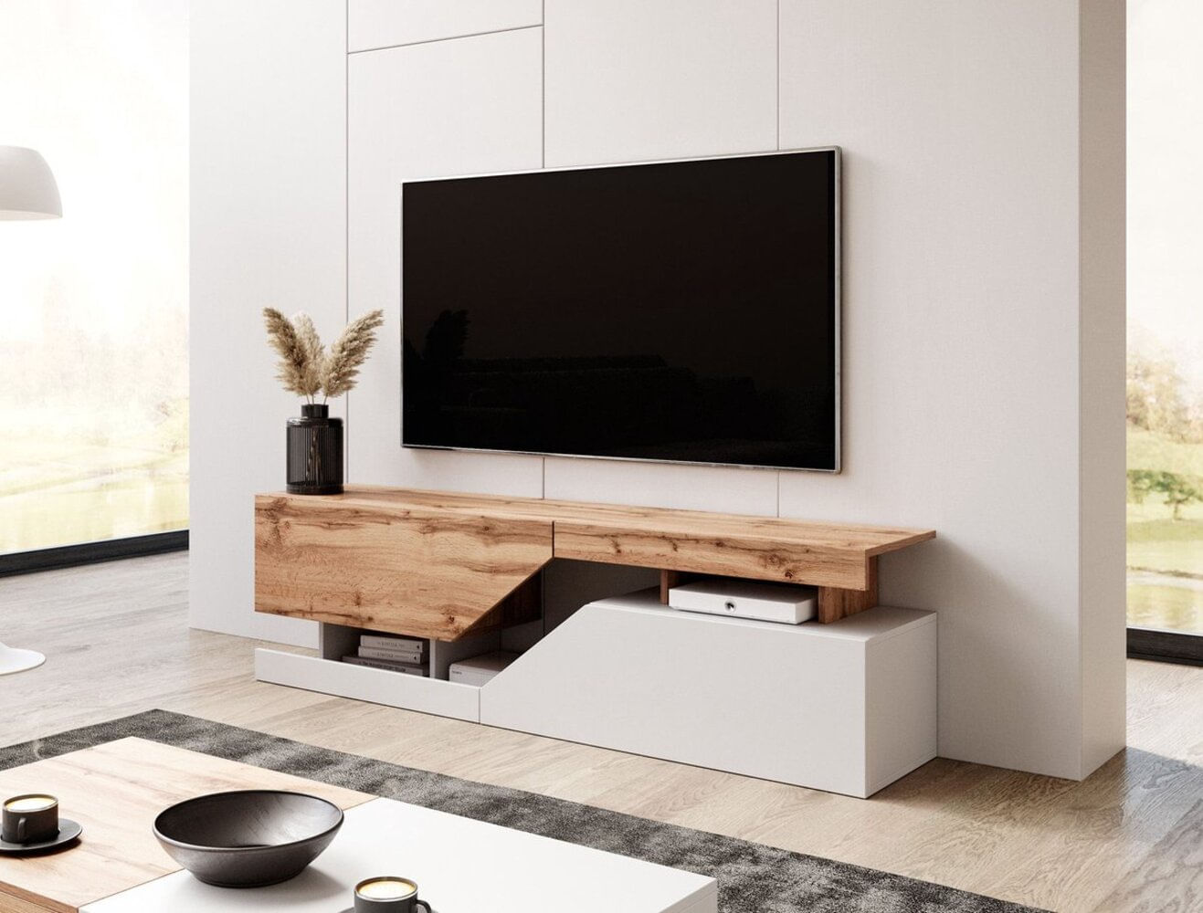 Mesa de Tv Moderna Alexis 2 puertas color Blanco/Roble TU MESITA