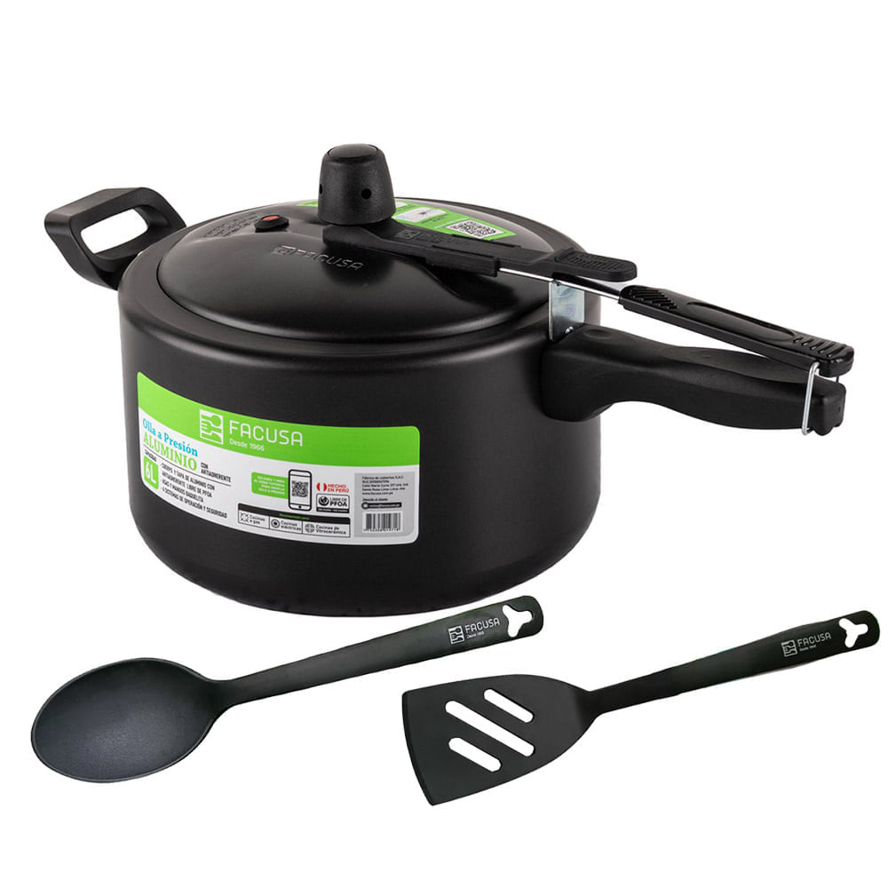 OLLA A PRESION 6 L FACUSA ANTIADHERENTE C/INTERNO + ESPAT. N°9 + CUCHARA LLANA N°9