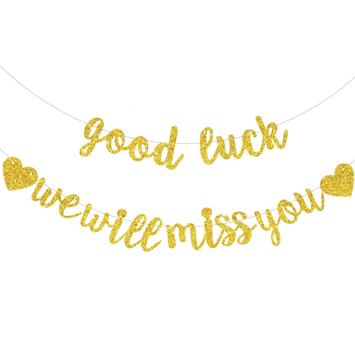 Cadeneta banderines despedida good luck we will miss you escarchado color dorado