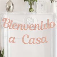 Cadeneta banderines bienvenido a casa escarchado color rosado