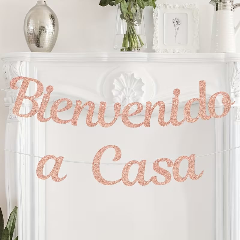 Cadeneta banderines bienvenido a casa escarchado color rosado