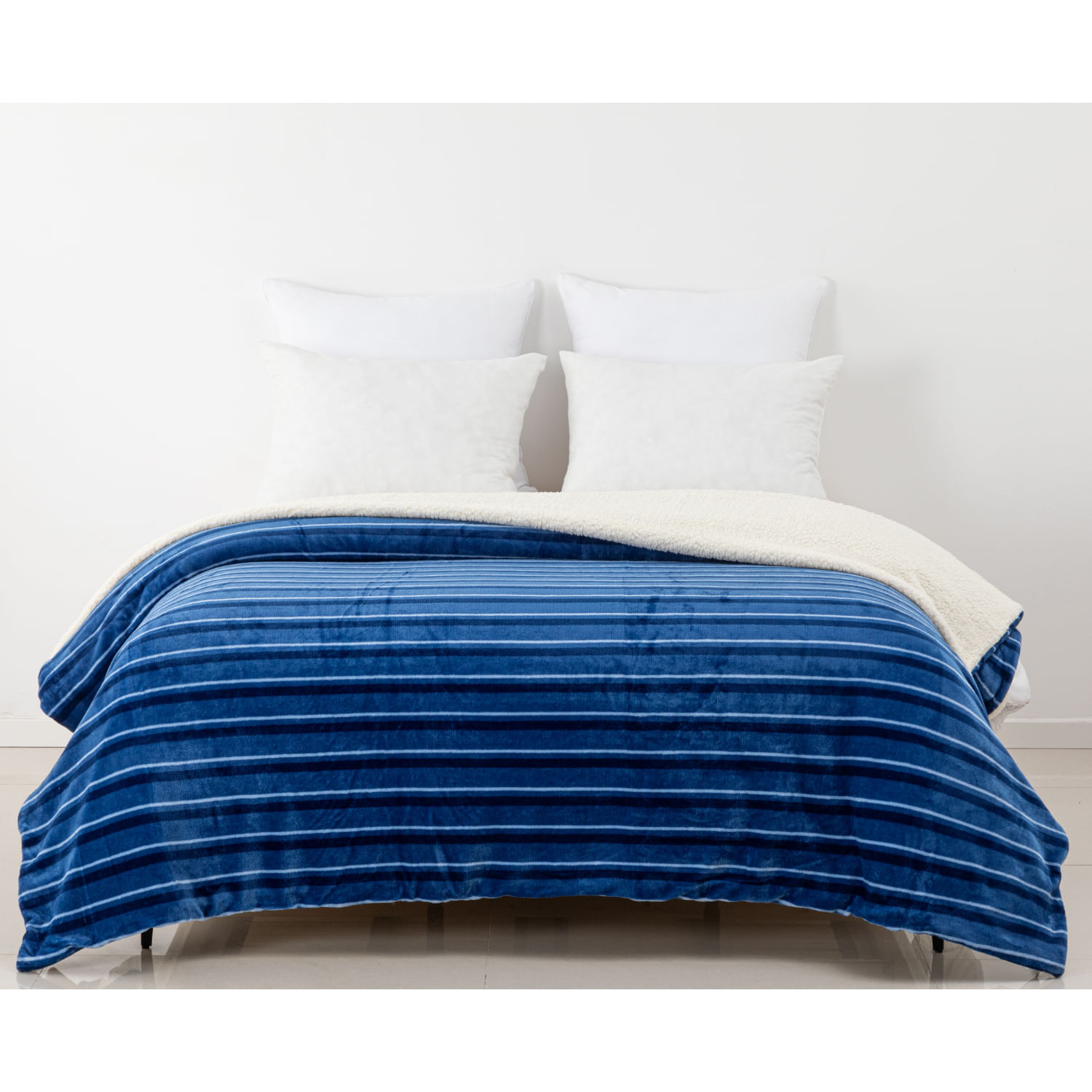 Frazada Oi26 Print Sherpa Rayas Azul 2 Plazas
