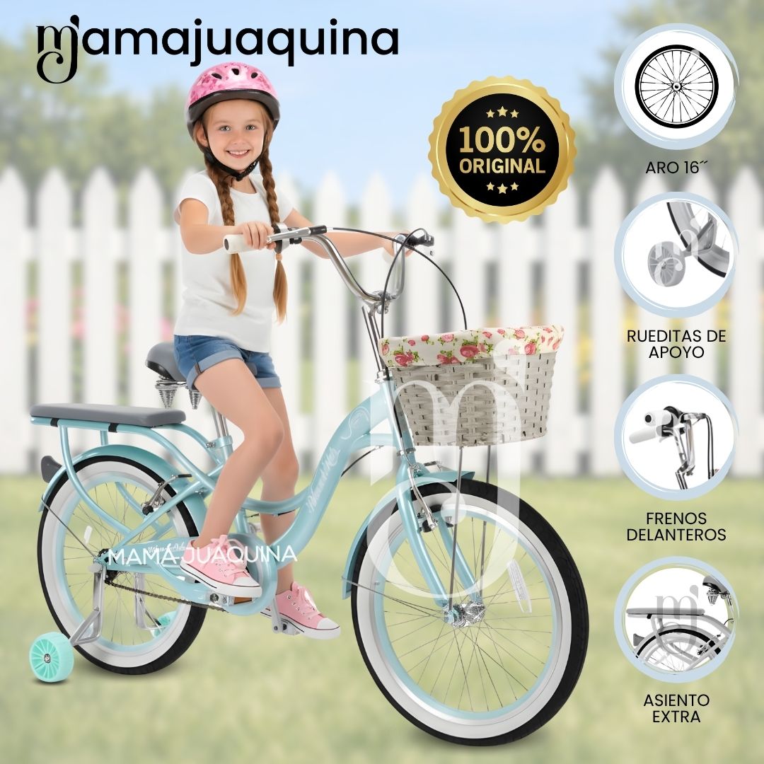 Bicicleta Campera para Niña Aro 16 «BETTY II» con Canasta Celeste
