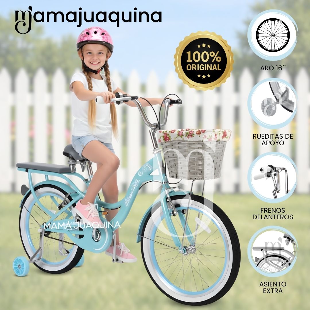 Bicicleta Campera para Niña Aro 16 «BETTY II» con Canasta Turquesa