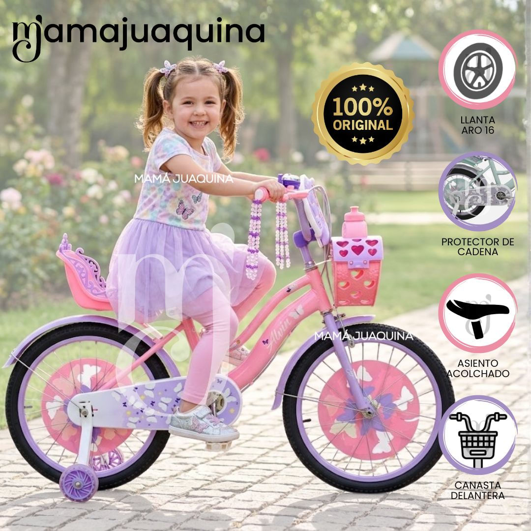 Bicicleta Campera para Niña Aro 16 «ALANIS II» con Canasta Rosado & Morado