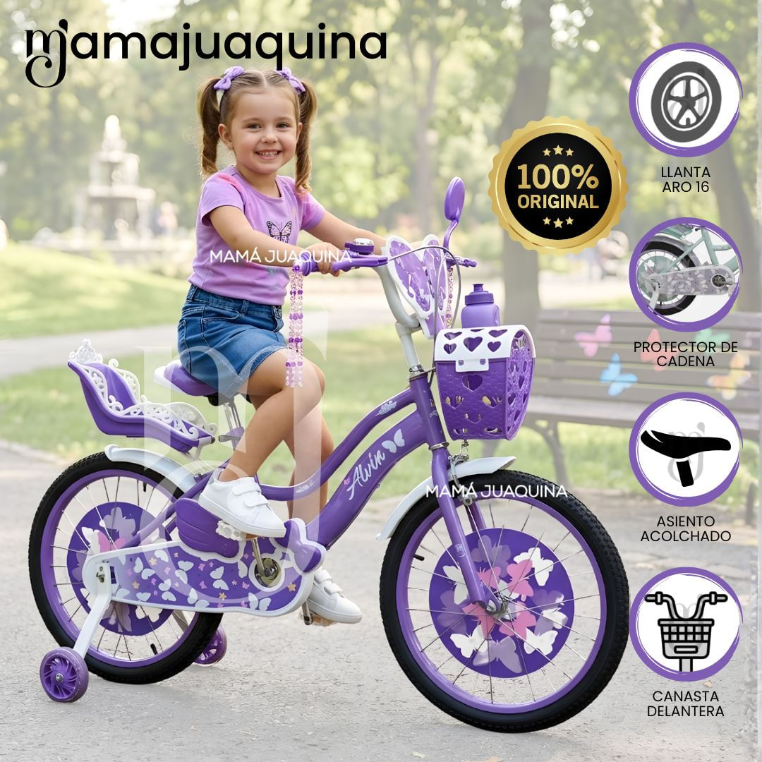 Bicicleta Campera para Niña Aro 16 «ALANIS II» con Canasta Morado