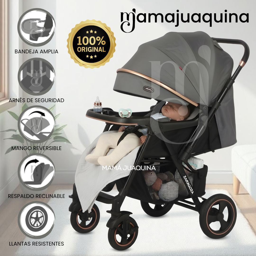 Coche Cuna de Lujo «ZARAGO» con Mango Reversible Gris oscuro