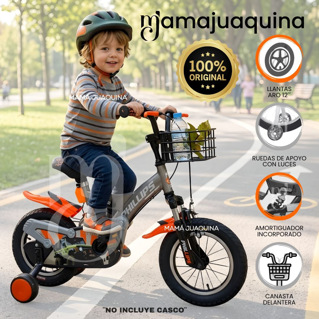 Bicicleta para Niño Aro 12 «PHILLIPS KIDS» con Canasta Naranja