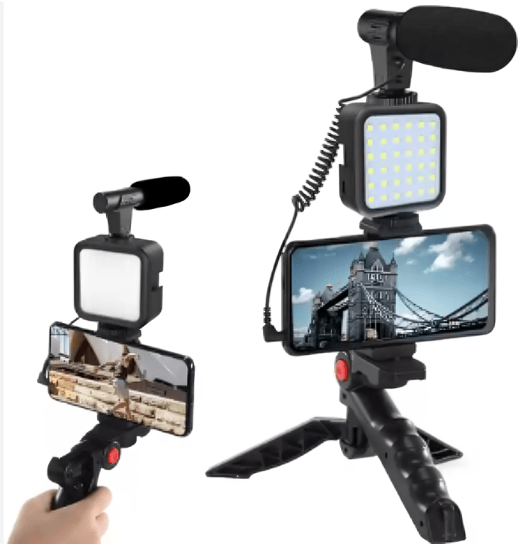 Kit de grabación Vlogging Micrófono, Trípode, Luz Led RECARGABLE