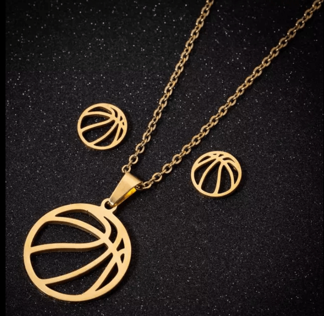 Set collar y aretes pelota básquet dorado