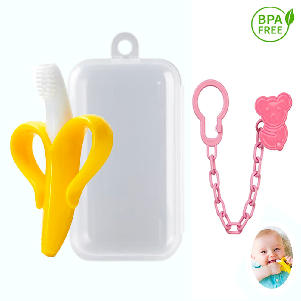 Mordedor Banana Amarillo Con Cadena Baby Froggie Koala Rosado Para Bebe