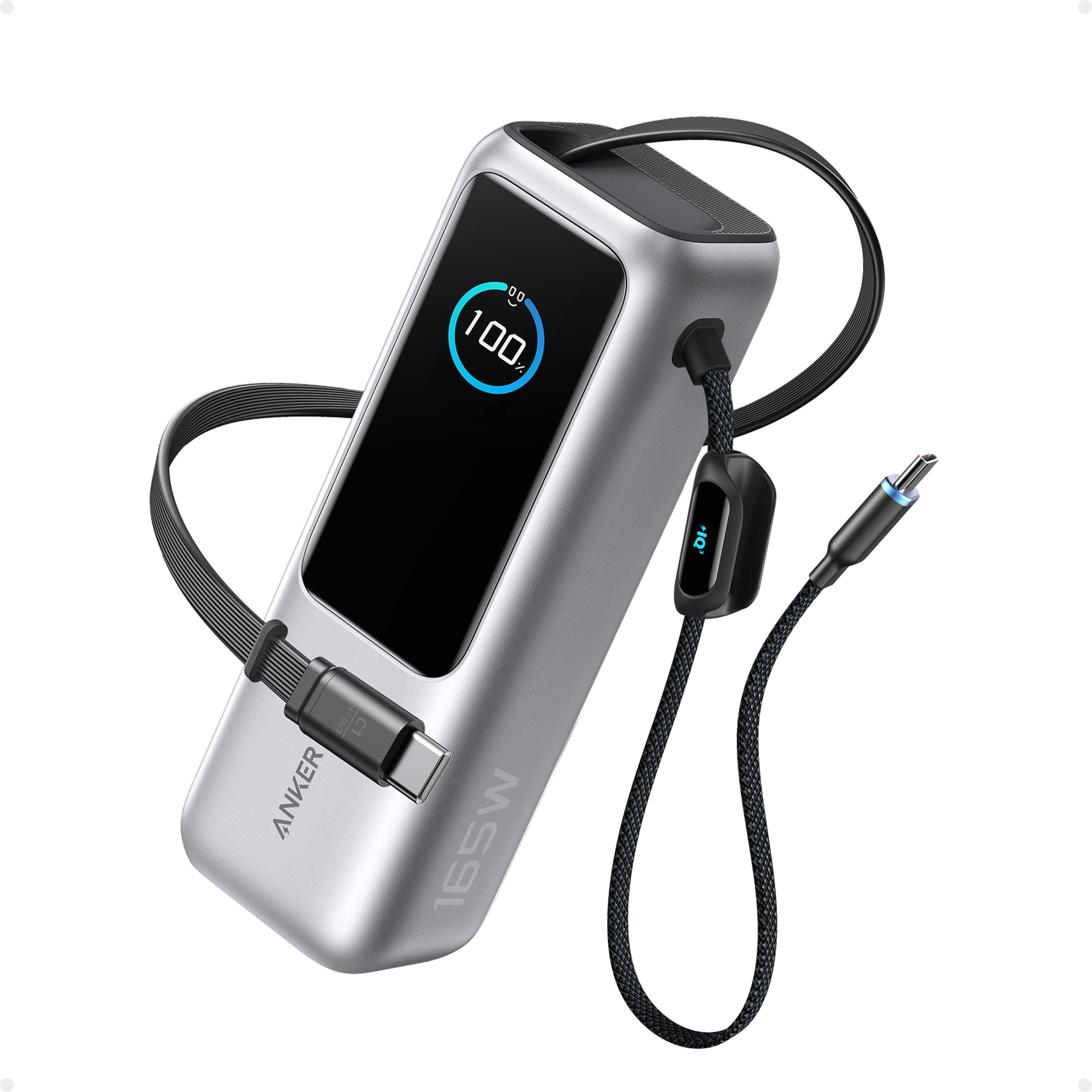 Anker Power Bank Silver (25K, 165W, Built-In USB-C and Retractable Cable)