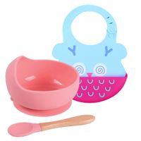 Pack Babero Buho con Cuenco Rosado con cuchara Baby Froggie para bebe