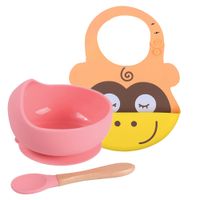 Pack Babero Monito con Cuenco Rosado con cuchara Baby Froggie para bebe