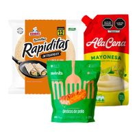 Pack Dedos de Pollo AVINKA 270g Bolsa 12un + Mayonesa ALACENA Doypack 475g + Tortillas BIMBO Rapiditas Integrales Bolsa 12un