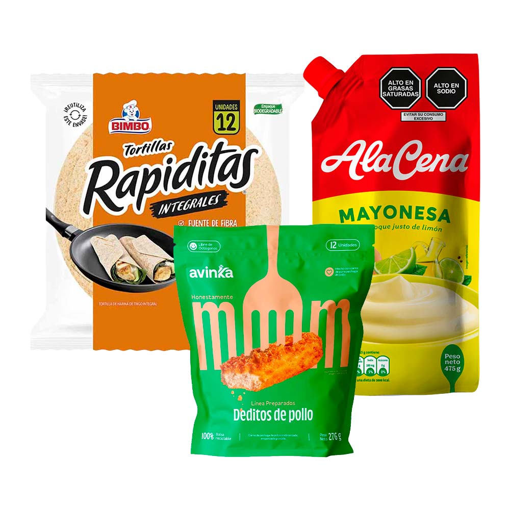 Pack Dedos de Pollo AVINKA 270g Bolsa 12un + Mayonesa ALACENA Doypack 475g + Tortillas BIMBO Rapiditas Integrales Bolsa 12un