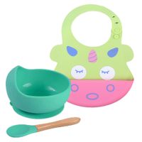 Pack Babero Unicornio con Cuenco Turquesa con cuchara Baby Froggie para bebe