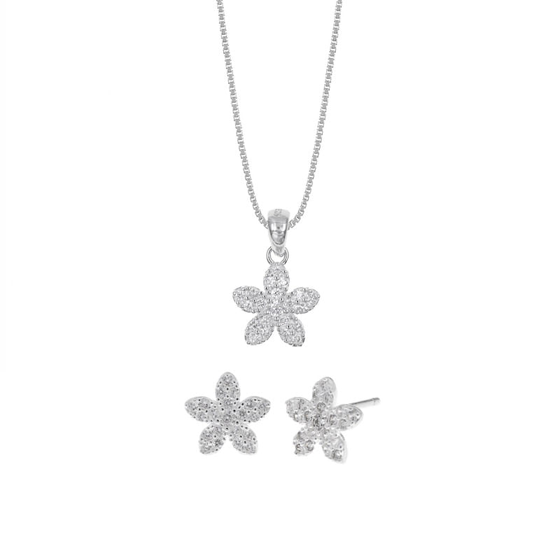 Set de Collar y Aretes Flores Plata 925