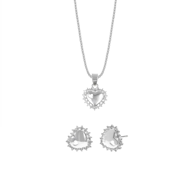 Set de Collar Y Aretes Corazón Rosetas Plata 925