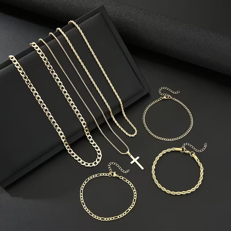 Set x 6 accesorios cruz para hombre collares y pulseras dorado acero inoxidable