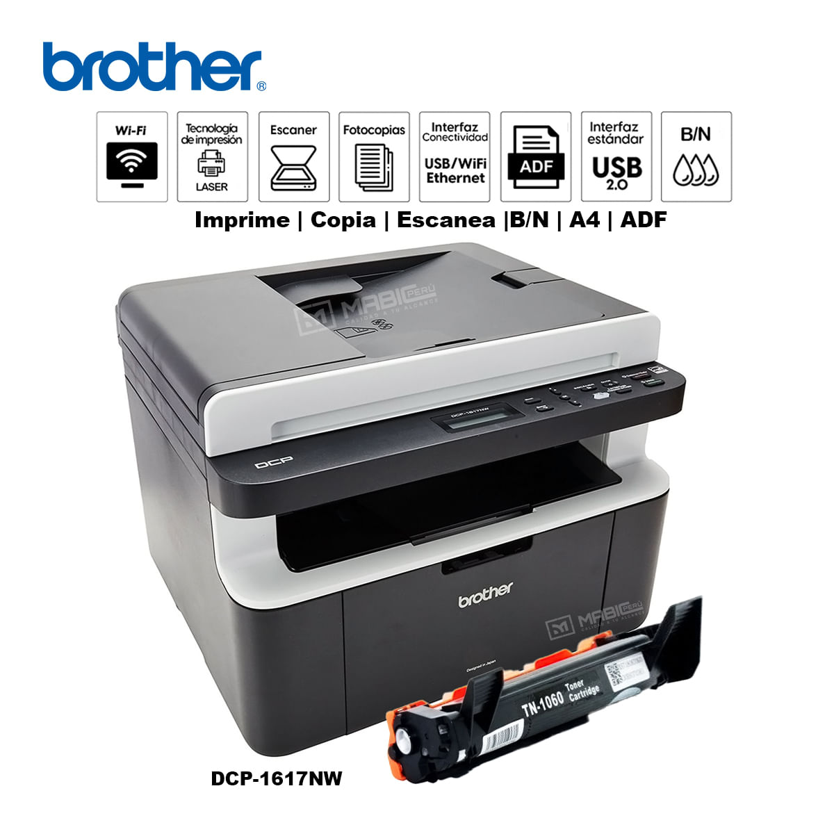 Impresora multifuncional Láser B/N Brother DCP-1617NW WIFI Red ADF USB