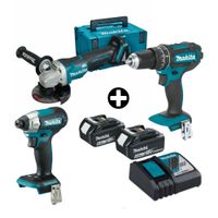 Combo Makita: Taladro Percutor + Atornillador + Esmeril Angular + 2 Baterias 5Ah + Cargador