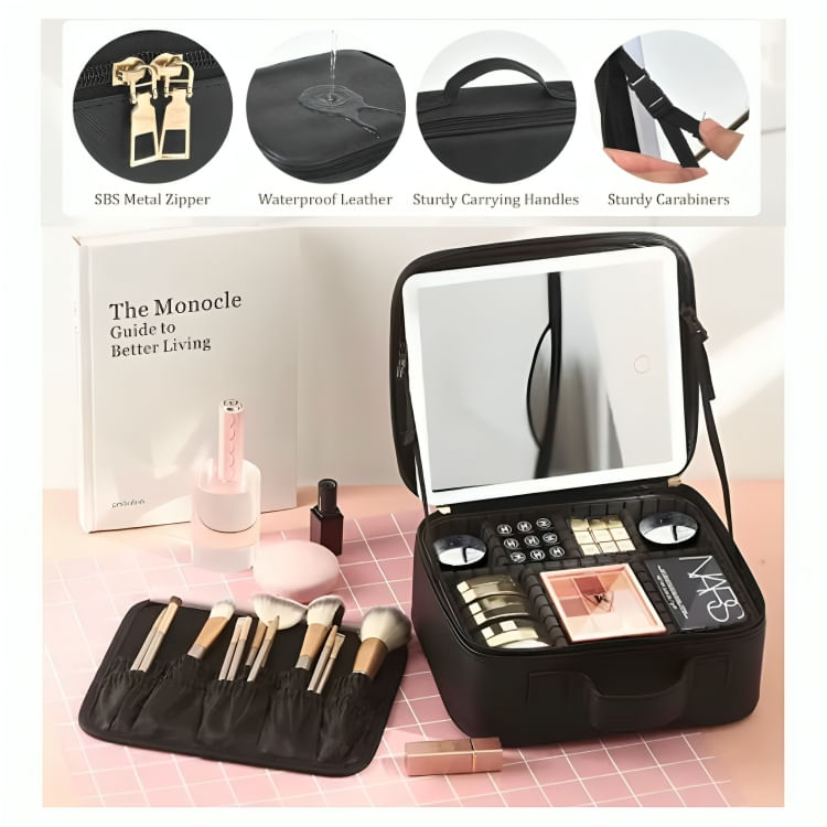 Bolsa Organizadora de Joyas Maquillaje de Viaje con Espejo Luces LED Táctil con Estuche para Brochas