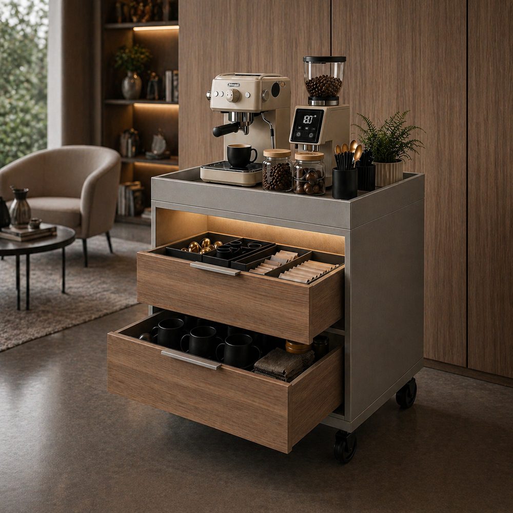 Estación de Café Maribel TU MESITA con 2 Cajones Inox y Avellana Canto Grueso