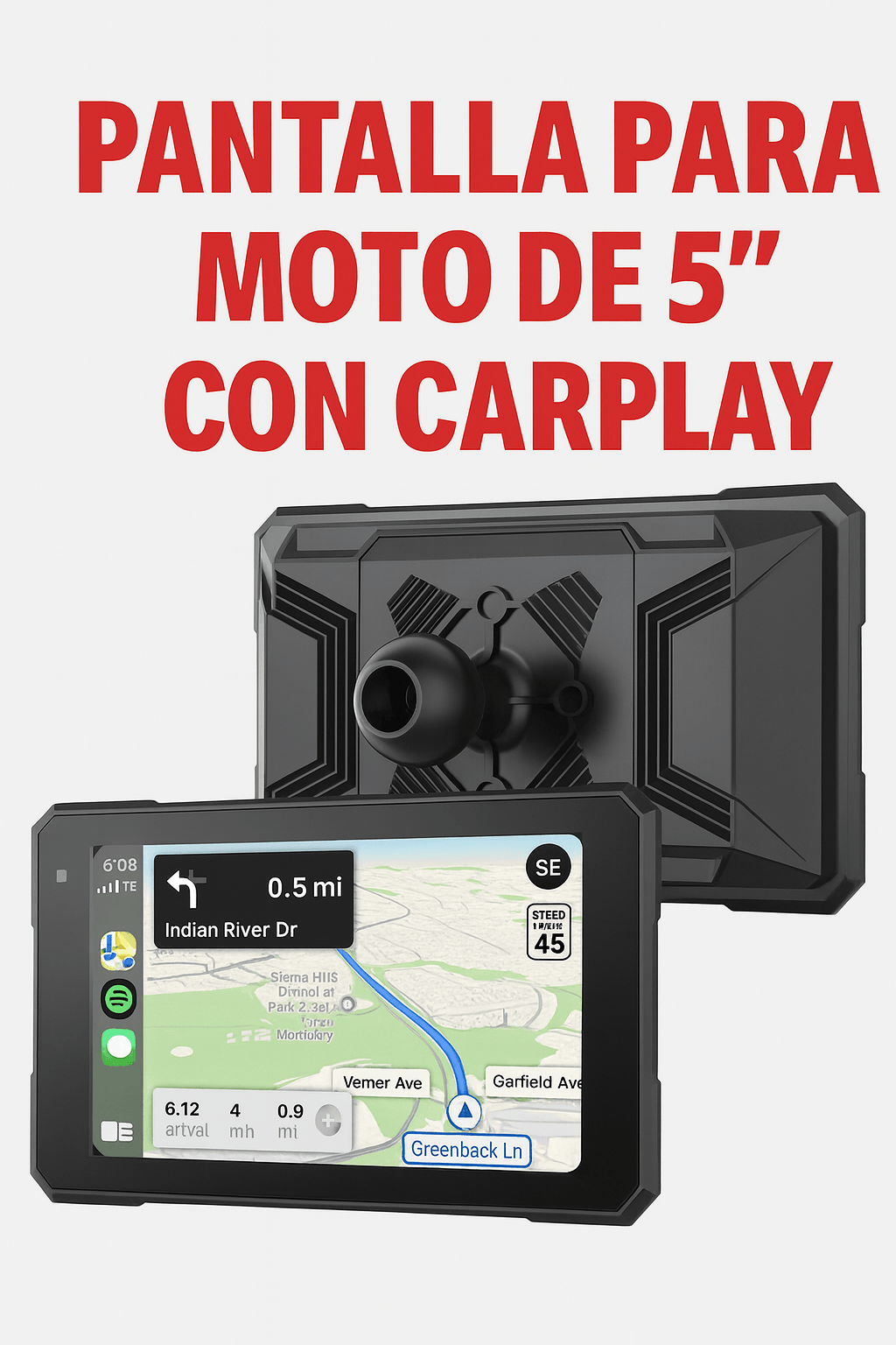 PANTALLA MOTO 5” CARPLAY Y ANDROID AUTO INALÁMBRICO IMPERMEABLE IPX7