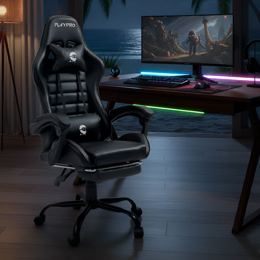 Silla Gamer Con Masajeador Lumbar Playpro X1 Negro Base De Metal