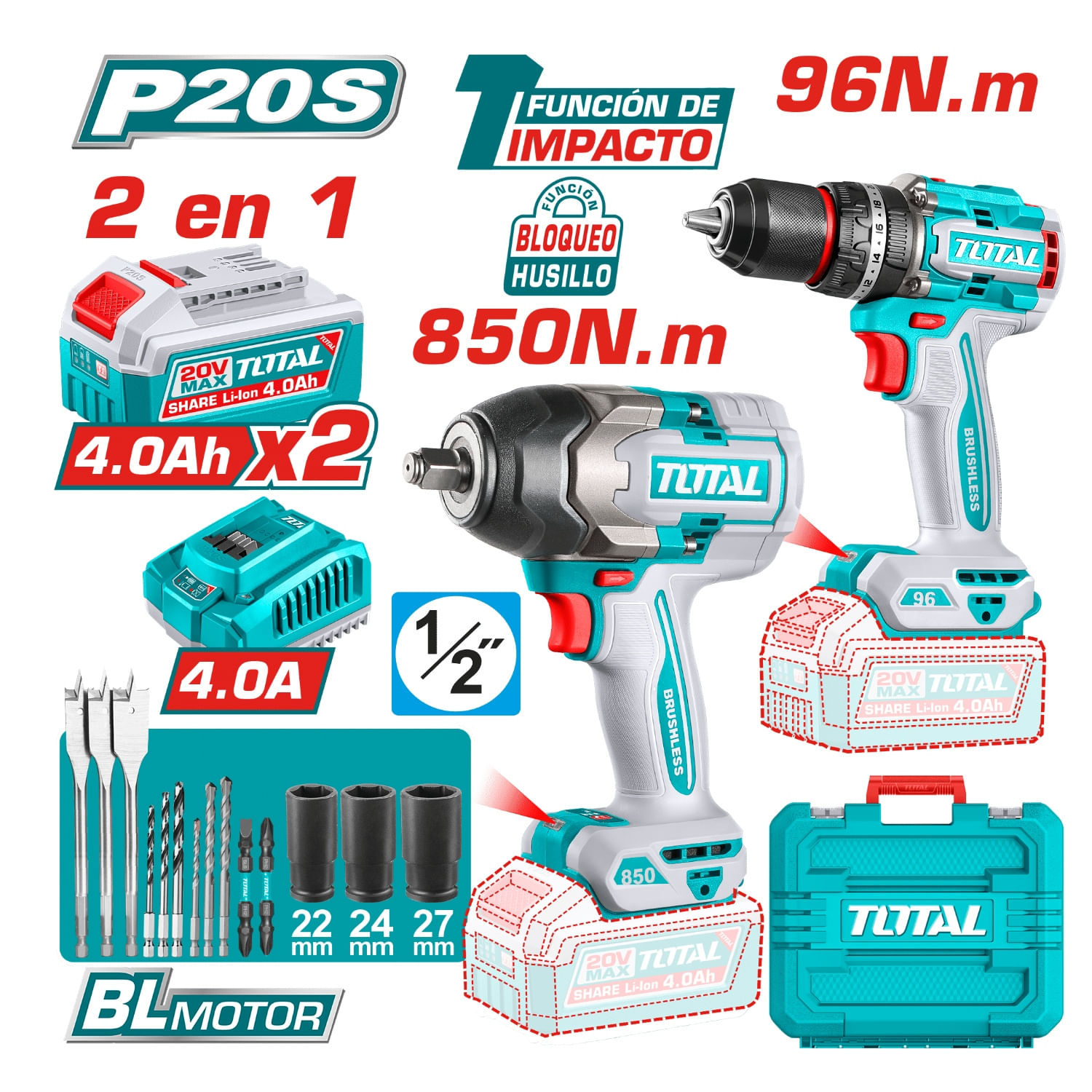 Taladro Percutor 96nm + Llave de Impacto 850nm 20v Industrial total TOSLI250586