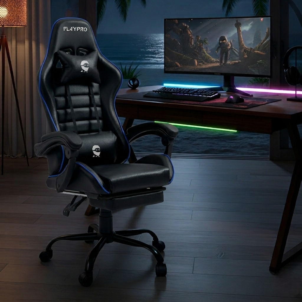Silla Gamer con Masajeador Lumbar Playpro X1 Azul Base de Metal